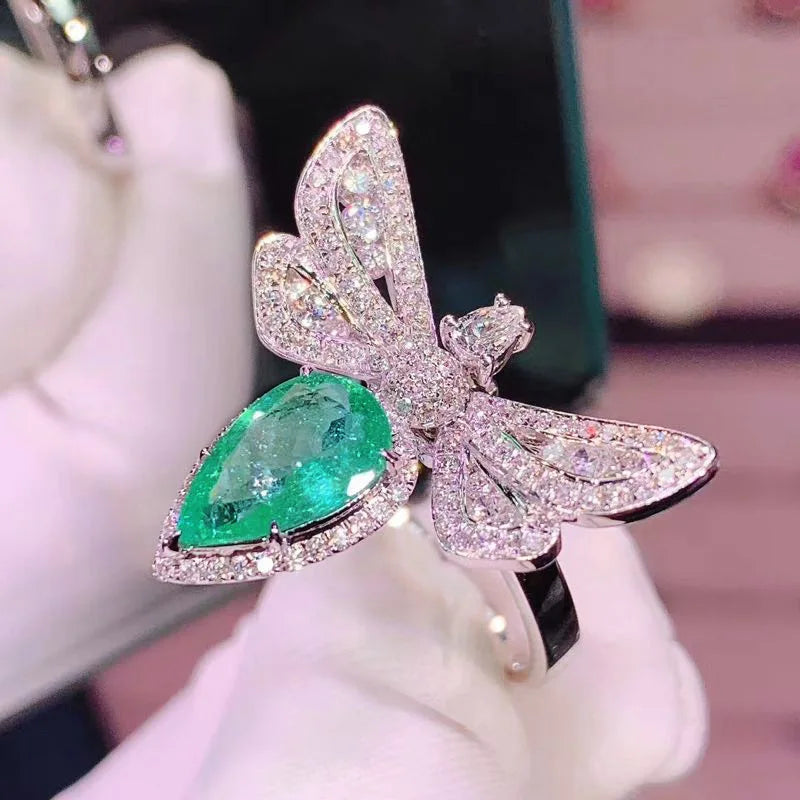 S925 Sterling Silver Color Big Bling Zircon Stone Dragonfly Rings for Women Wedding Engagement Fashion Jewelry gift