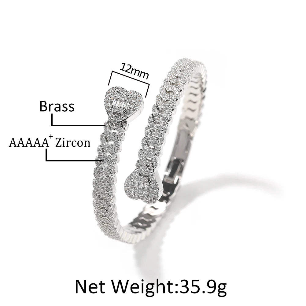 THE BLING KING Baguettecz Heart Miami Cuban Bracelet Micro Paved Cubic Zirconia Luxury Wrist Cuff Bangle Rapper Hiphop Jewelry