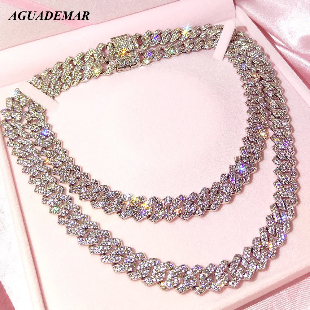 Iced Out 14mm Prong Cuban Link Chain Necklace For Women Bling Clustered Rhinestones Pave Miami Cuban Link Choker Chain Jewellery