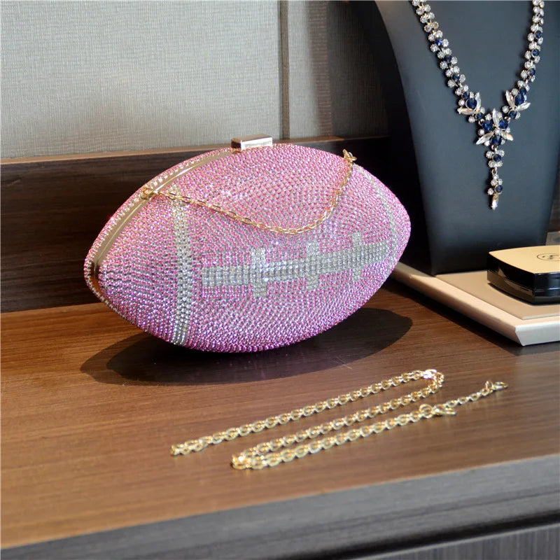 Diamond Evening Clutch Purse Bag Bridal Bling Football Shape Handbag Trendy Fashion One-shoulder Lady Rhinestone Box Case XA19H