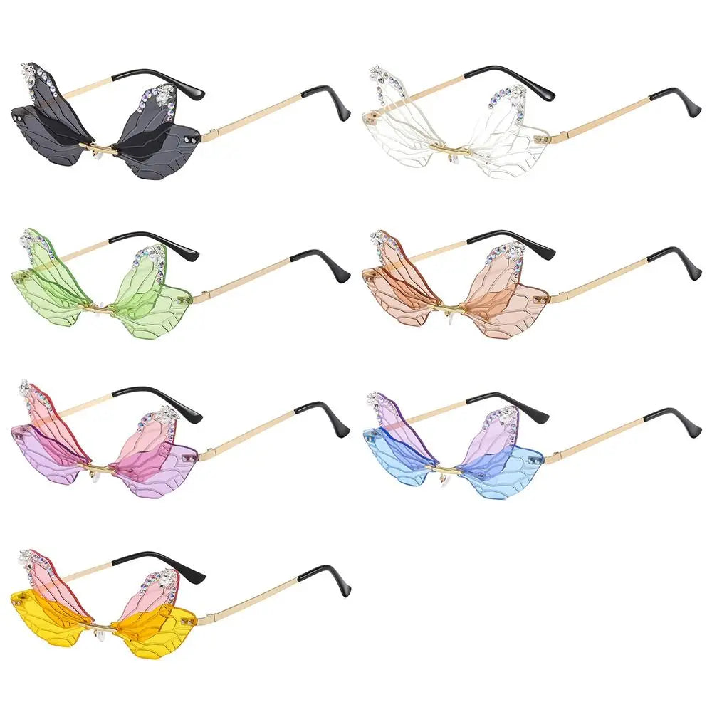 Trendy Irregular Rimless Party Bling Shades Diamond Sun Glasses Dragonfly Wing Sunglasses