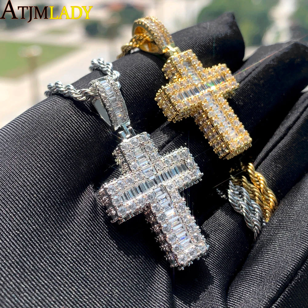 New Sparkling CZ Cross Pendant Necklace Iced Out Bling Cubic Zirconia Paved Charm for Women Men Jewelry