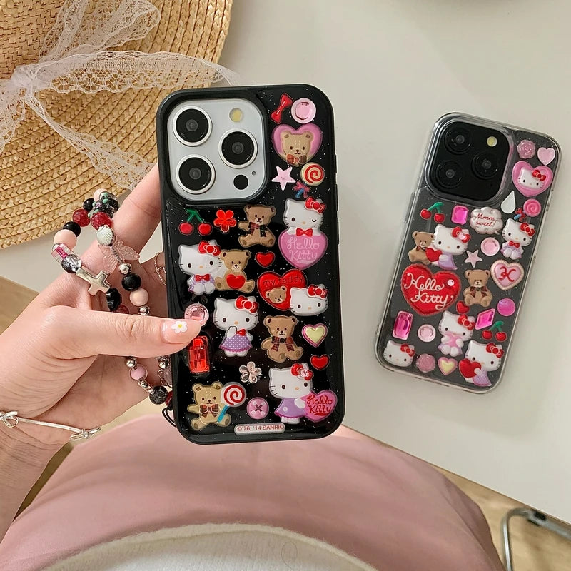 3D Cute Cartoon Sanrio Y2K Hello Kitty Sticker Bling Glitter Phone Case For iPhone 15 14 13 12 11 Pro Max Transparent Soft Cover