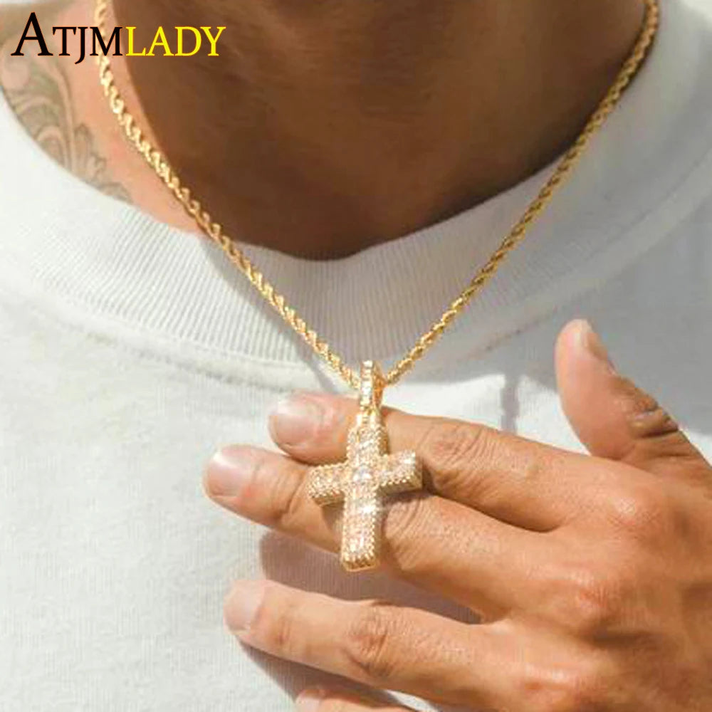 New Sparkling CZ Cross Pendant Necklace Iced Out Bling Cubic Zirconia Paved Charm for Women Men Jewelry