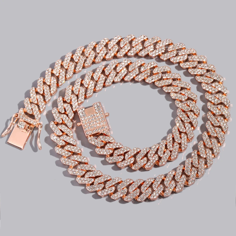 12MM Rose Gold Color Miami Cuban Link Chain Necklace Iced Out Bling Rhinestone Cuban Choker Necklace Women Men Hip Hop Jewelry