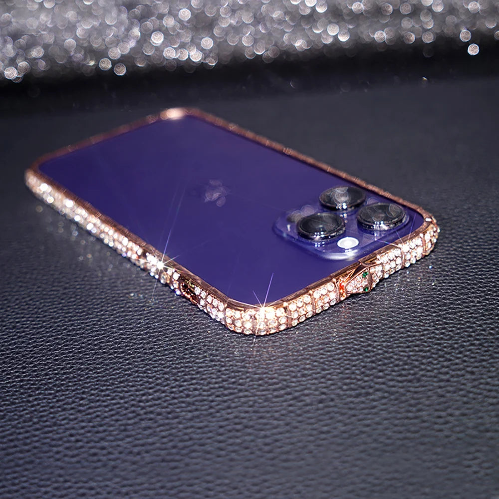 Glossy Rhinestone Metal Bumper Case for iPhone 15 14 13 12 Pro Max Phone Gem Diamond Cover Glitter Bling 7 8 6 Plus Funda Women