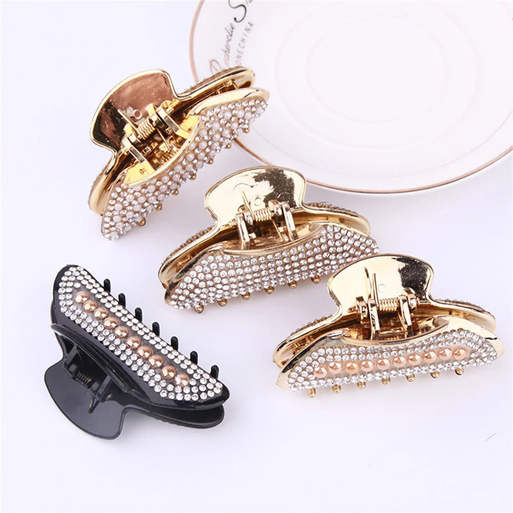 French Styles Pearl Rhinestone Hair Claws Bling Large Plastic Hair Jaw Non-Slip Ponytail Buns Party Hair Accessories For Women