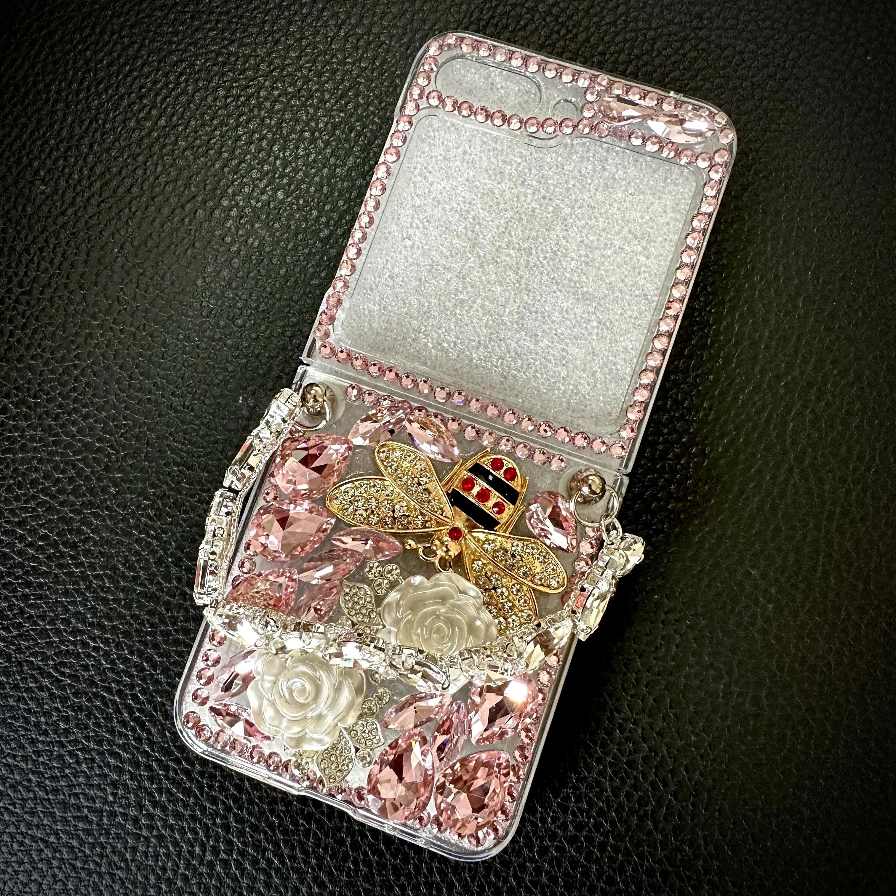 Flip 6 ZFlip5 Bling Diamond Bracelet Chain Case For Samsung Galaxy Z Flip 4 Z Flip 3 Glitter Rhinestone Flower Bow Luxury Cover