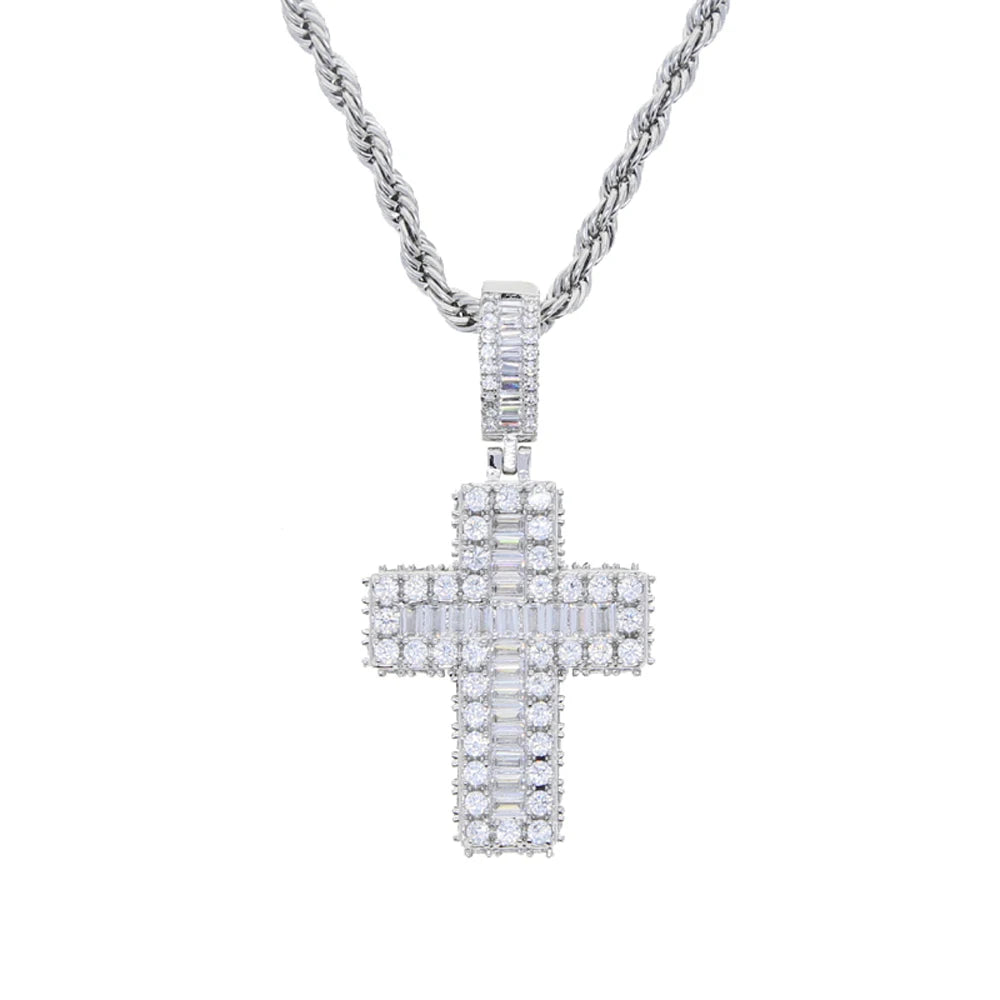 New Sparkling CZ Cross Pendant Necklace Iced Out Bling Cubic Zirconia Paved Charm for Women Men Jewelry