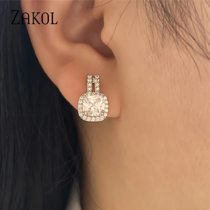 ZAKOL Fashion Silver Color CZ Stud Earrings for Women Bling White Cubic Zirconia Statement Earrings Hot Sale Jewelry