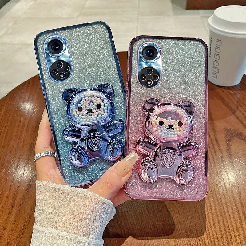 For Honor 50 Case Soft Silicone Bling Shockproof Electroplated TPU Cell Phone Casing For NTH-NX9 Back Cover Cute Bear Stand