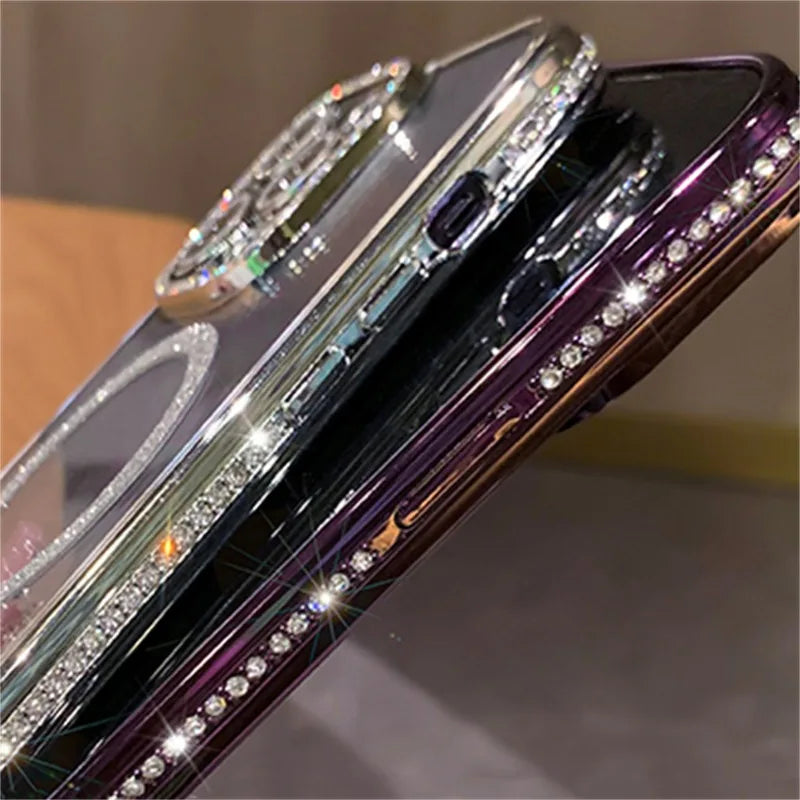 Jewelled Magnetic Diamond Glitter Bling Case for iPhone 15 14 13 12 11 Pro Max Plus Rhinestone Electroplated Transparent Cover