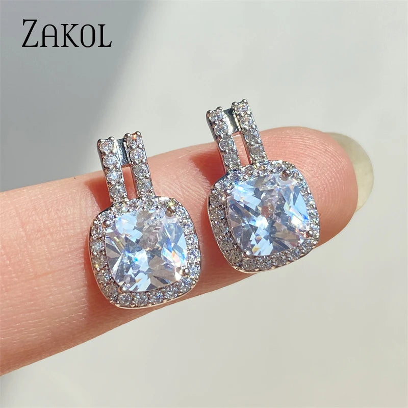 ZAKOL Fashion Silver Color CZ Stud Earrings for Women Bling White Cubic Zirconia Statement Earrings Hot Sale Jewelry