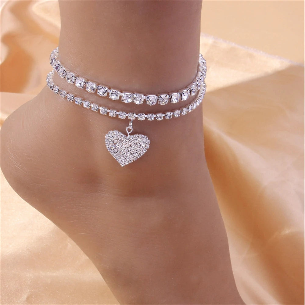 Charm Bling Rhinestone Heart Anklet Bracelet Hollow Out Love  Foot Chain Summer Beach Jewelry Accessories for Women