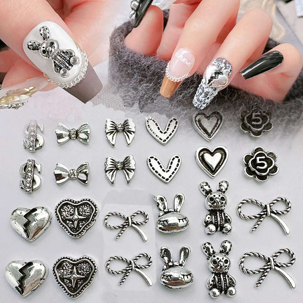 10pcs 3D New Punk Bunny Nail Charms 3D Bling Glitter Design Heart Bunny Alloy Nail Decoration DIY Kawaii Manicure Accessories