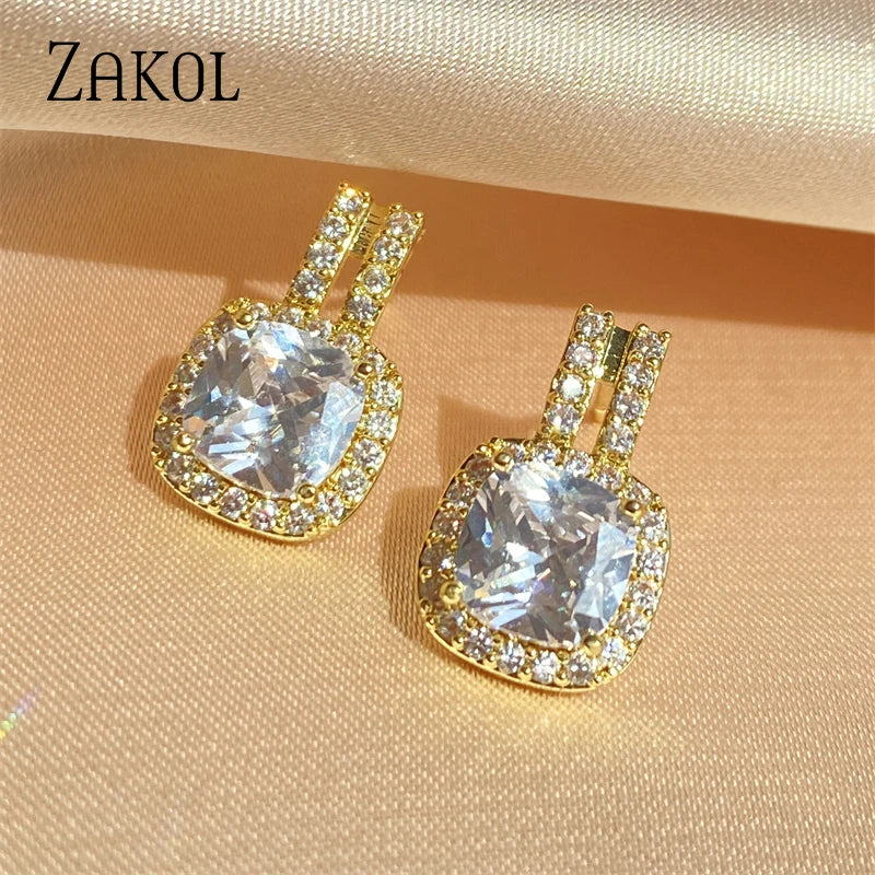 ZAKOL Fashion Silver Color CZ Stud Earrings for Women Bling White Cubic Zirconia Statement Earrings Hot Sale Jewelry