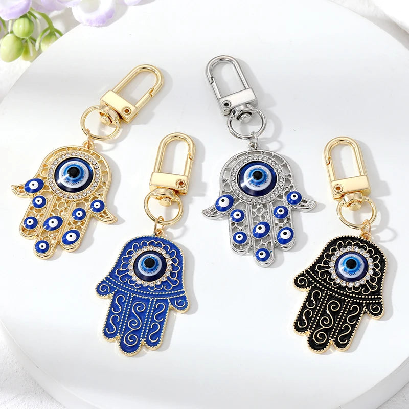 Bling Hollow Evil Eye Hamsa Hand Keychain Key Ring For Women Men Zircon Fatima Hand Blue Eye Bag Car Airpods Box Key Accessories