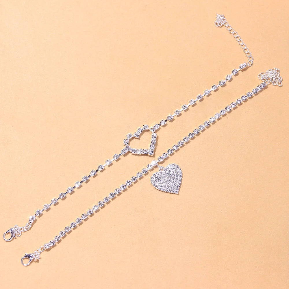 Charm Bling Rhinestone Heart Anklet Bracelet Hollow Out Love  Foot Chain Summer Beach Jewelry Accessories for Women