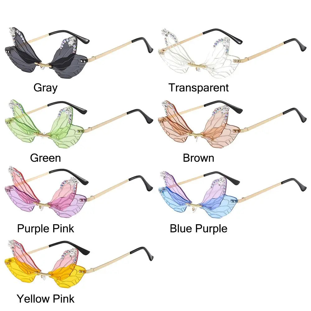 Trendy Irregular Rimless Party Bling Shades Diamond Sun Glasses Dragonfly Wing Sunglasses