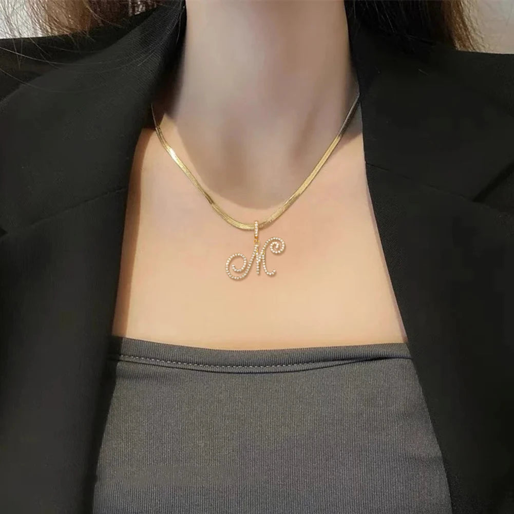 A-Z Initial Bling Cursive Letter Necklace Women Girl Gold Plated Snake Chain Alphabet Pendant Clavicle Necklaces Collar Jewelry