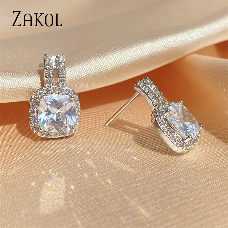 ZAKOL Fashion Silver Color CZ Stud Earrings for Women Bling White Cubic Zirconia Statement Earrings Hot Sale Jewelry