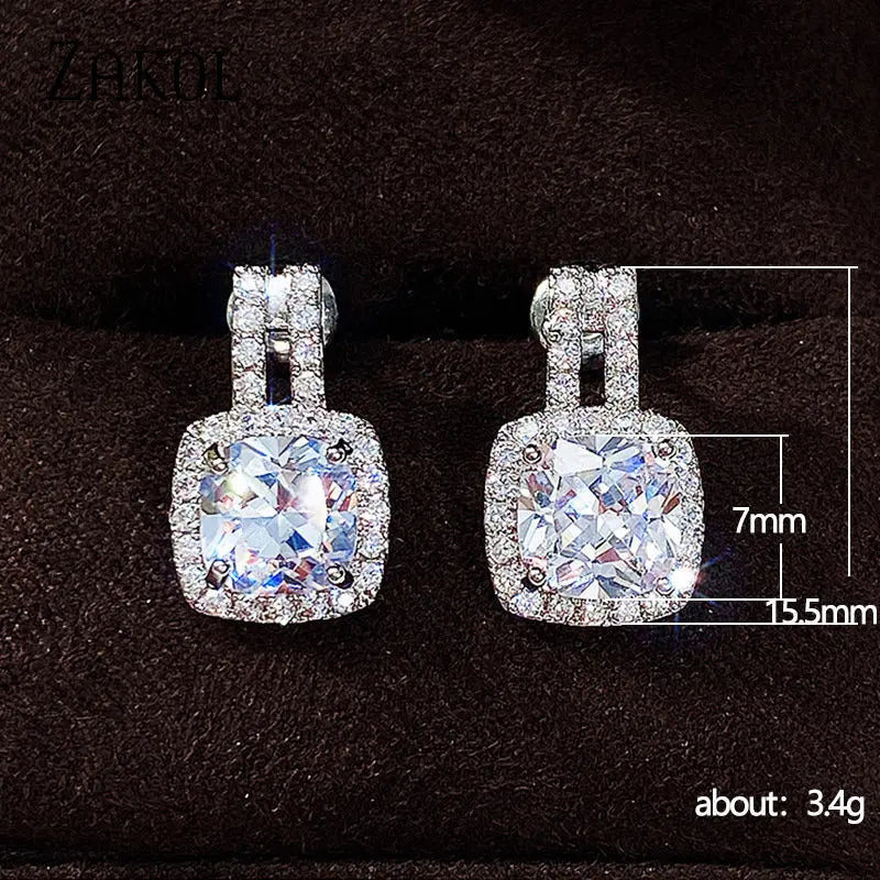 ZAKOL Fashion Silver Color CZ Stud Earrings for Women Bling White Cubic Zirconia Statement Earrings Hot Sale Jewelry