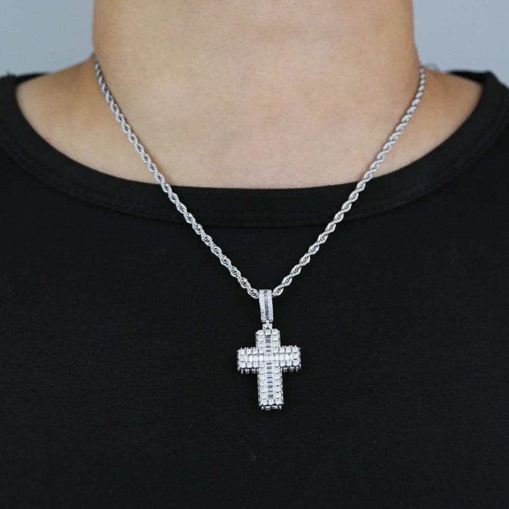 New Sparkling CZ Cross Pendant Necklace Iced Out Bling Cubic Zirconia Paved Charm for Women Men Jewelry