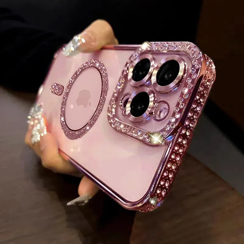 Jewelled Magnetic Diamond Glitter Bling Case for iPhone 15 14 13 12 11 Pro Max Plus Rhinestone Electroplated Transparent Cover