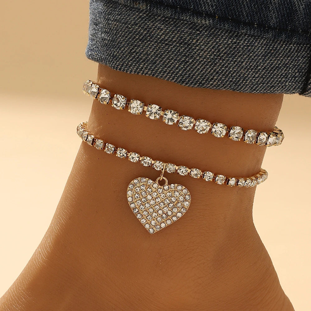 Charm Bling Rhinestone Heart Anklet Bracelet Hollow Out Love  Foot Chain Summer Beach Jewelry Accessories for Women