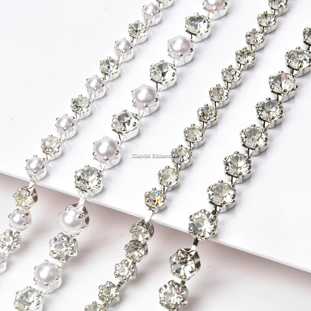 1 Meter 6-8mm Pearl Rhinestone Trim Bling Decorative Metal Crystal Cup Chain Clothing Sewing Craft Diy Jewelry Accessories