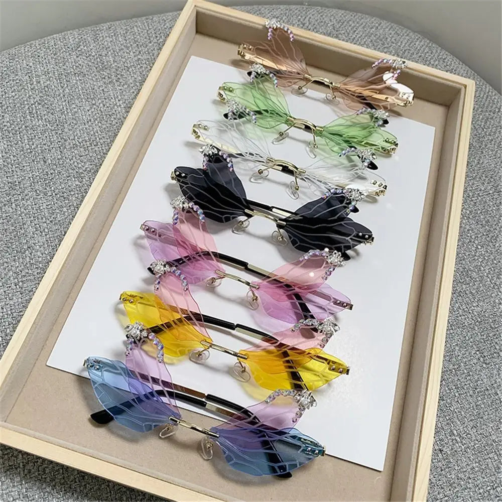 Trendy Irregular Rimless Party Bling Shades Diamond Sun Glasses Dragonfly Wing Sunglasses