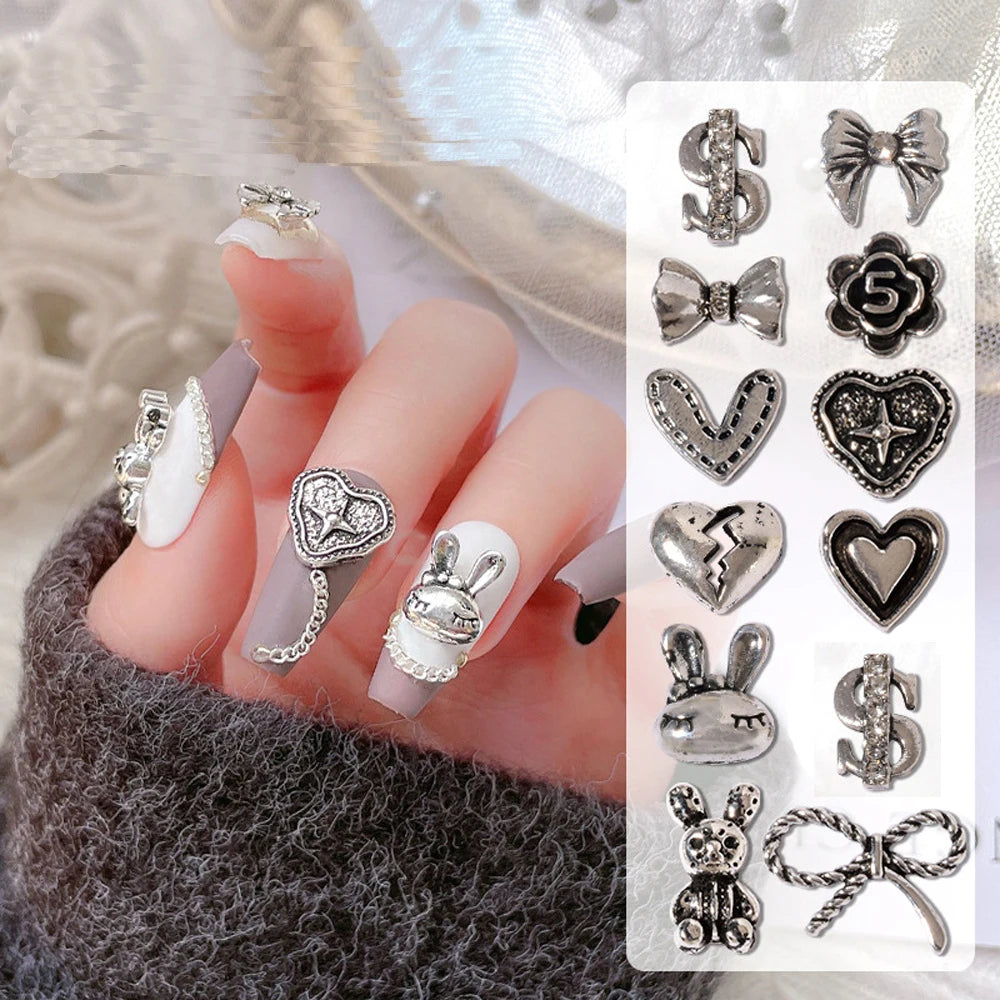 10pcs 3D New Punk Bunny Nail Charms 3D Bling Glitter Design Heart Bunny Alloy Nail Decoration DIY Kawaii Manicure Accessories