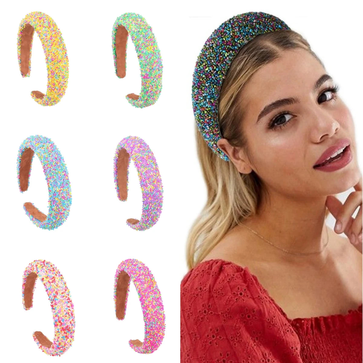 Glitter Cute Rainbow Sparkling Bling Sprinkle Headbands Wide Headband Hairband for Women Fun Hair Accessories Birthday Gift