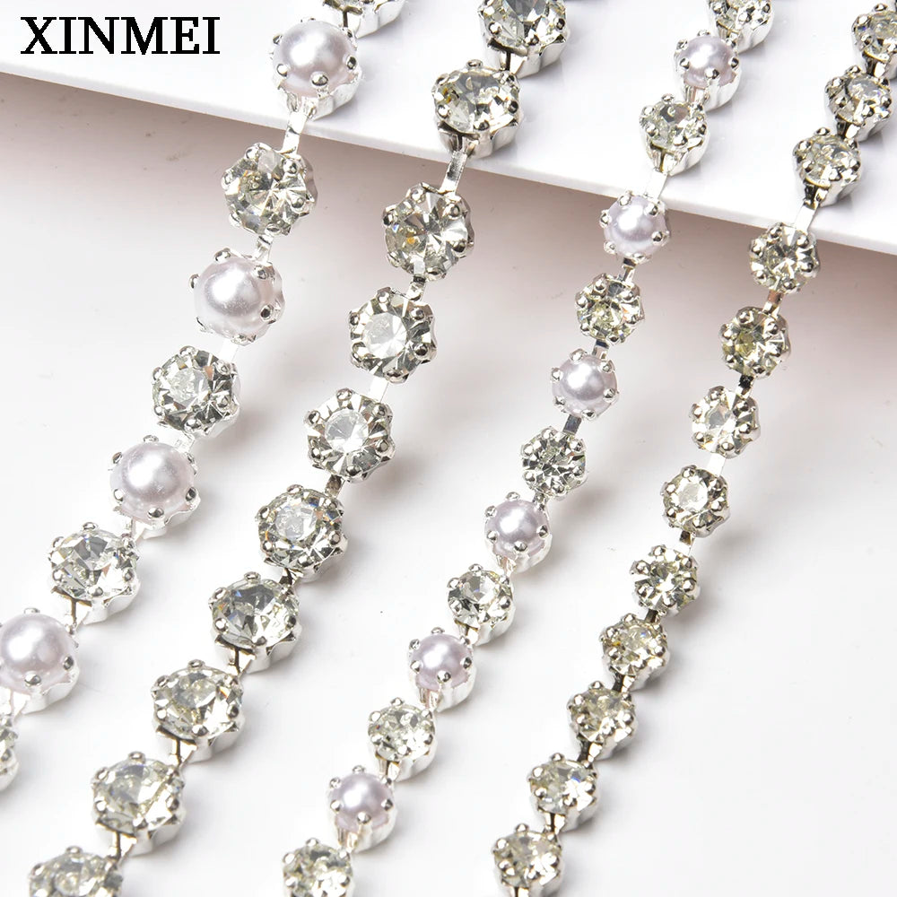 1 Meter 6-8mm Pearl Rhinestone Trim Bling Decorative Metal Crystal Cup Chain Clothing Sewing Craft Diy Jewelry Accessories