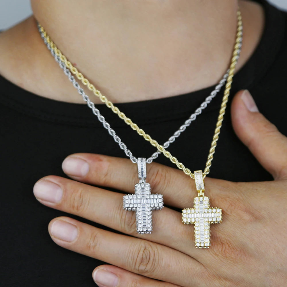 New Sparkling CZ Cross Pendant Necklace Iced Out Bling Cubic Zirconia Paved Charm for Women Men Jewelry