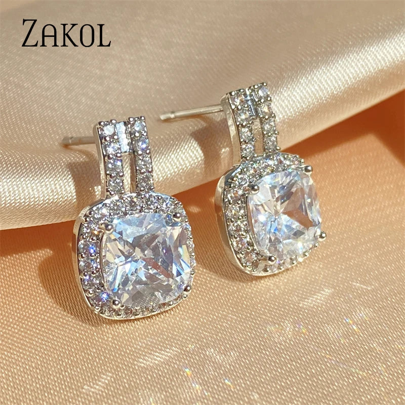 ZAKOL Fashion Silver Color CZ Stud Earrings for Women Bling White Cubic Zirconia Statement Earrings Hot Sale Jewelry