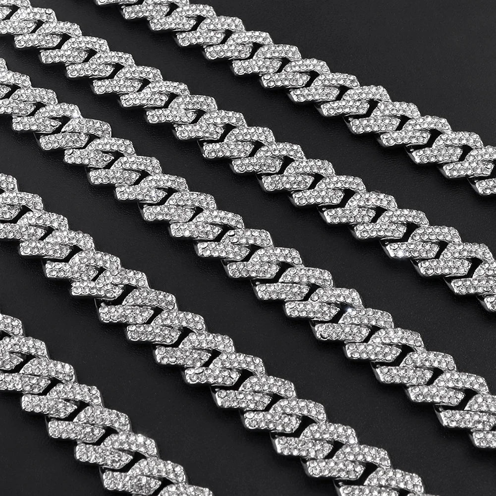 HipHop Men Women 14MM Prong Cuban Link Chain Necklace Bling Iced Out 2 Row Rhinestone Paved Miami Rhombus Cuban Necklace Jewelry