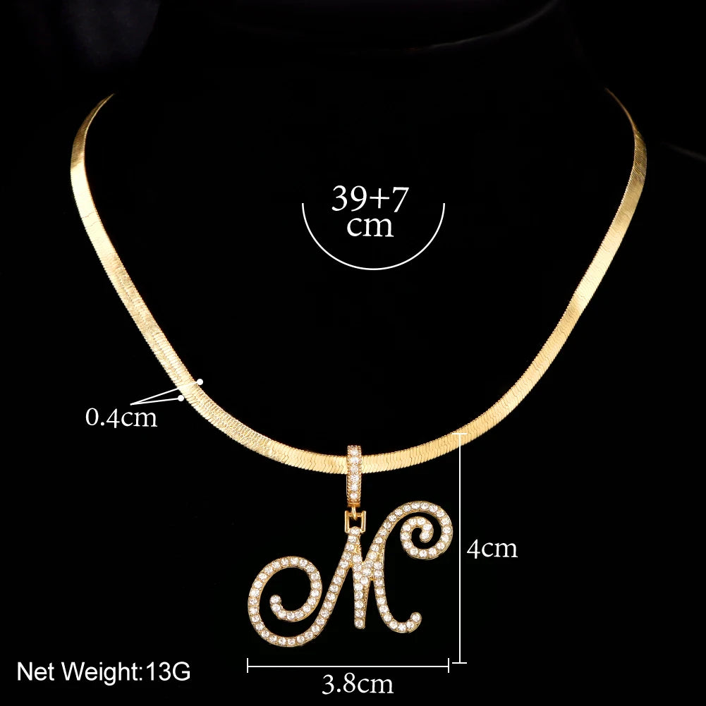 A-Z Initial Bling Cursive Letter Necklace Women Girl Gold Plated Snake Chain Alphabet Pendant Clavicle Necklaces Collar Jewelry