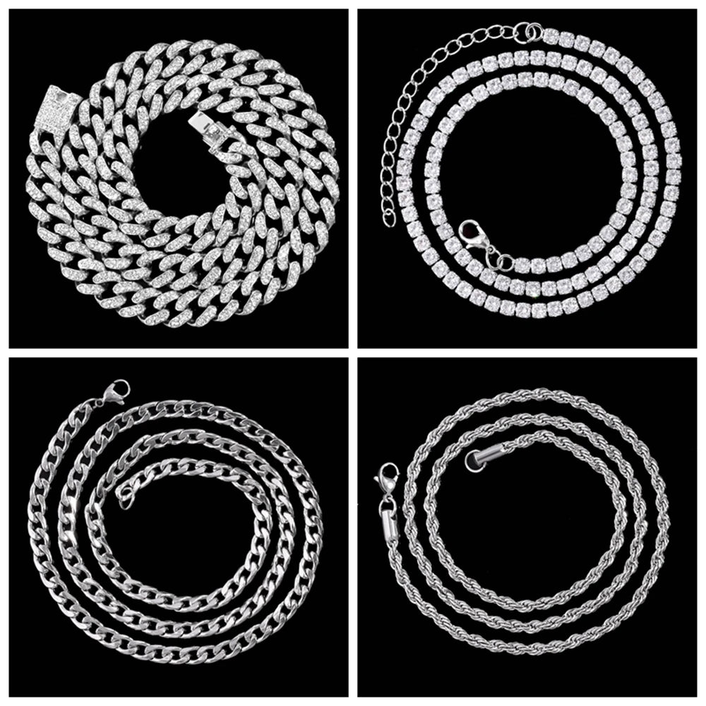 HipHop Iced Out Cuban Link Chains for Men Women Necklace Bling Cuban CZ Stainless steel Chain Necklace Pendant Wholesale Jewelry